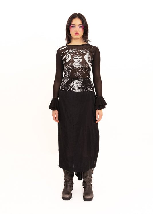 Hail Mary frill sleeve screen printed mesh top