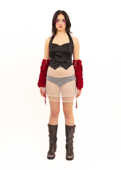 Hand beaded mesh wrap skirt