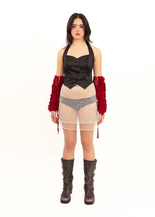 Hand beaded mesh wrap skirt