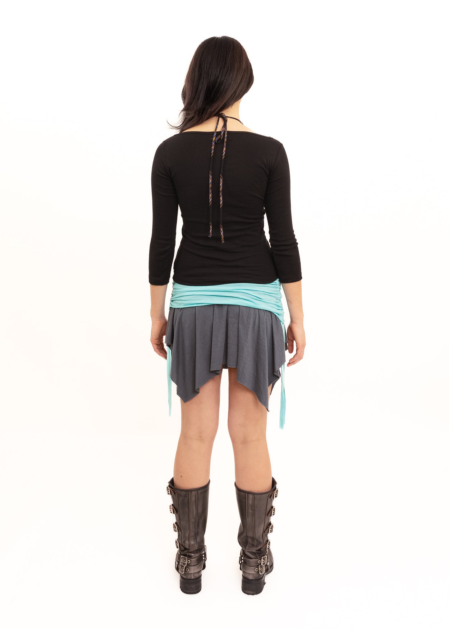 Off Cut Boat Neck Tee- black/ brown tartan
