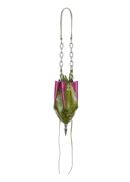 Leather Rosebud Bag- Green/ Magenta