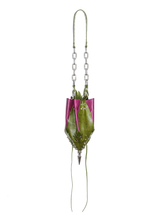 Leather Rosebud Bag- Green/ Magenta