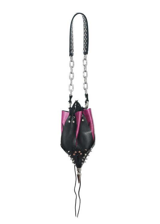 Leather Rosebud Bag- Black/ Magenta