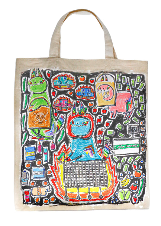 Hand painted Flaming Anti-Capitalist Cats tote bag #1