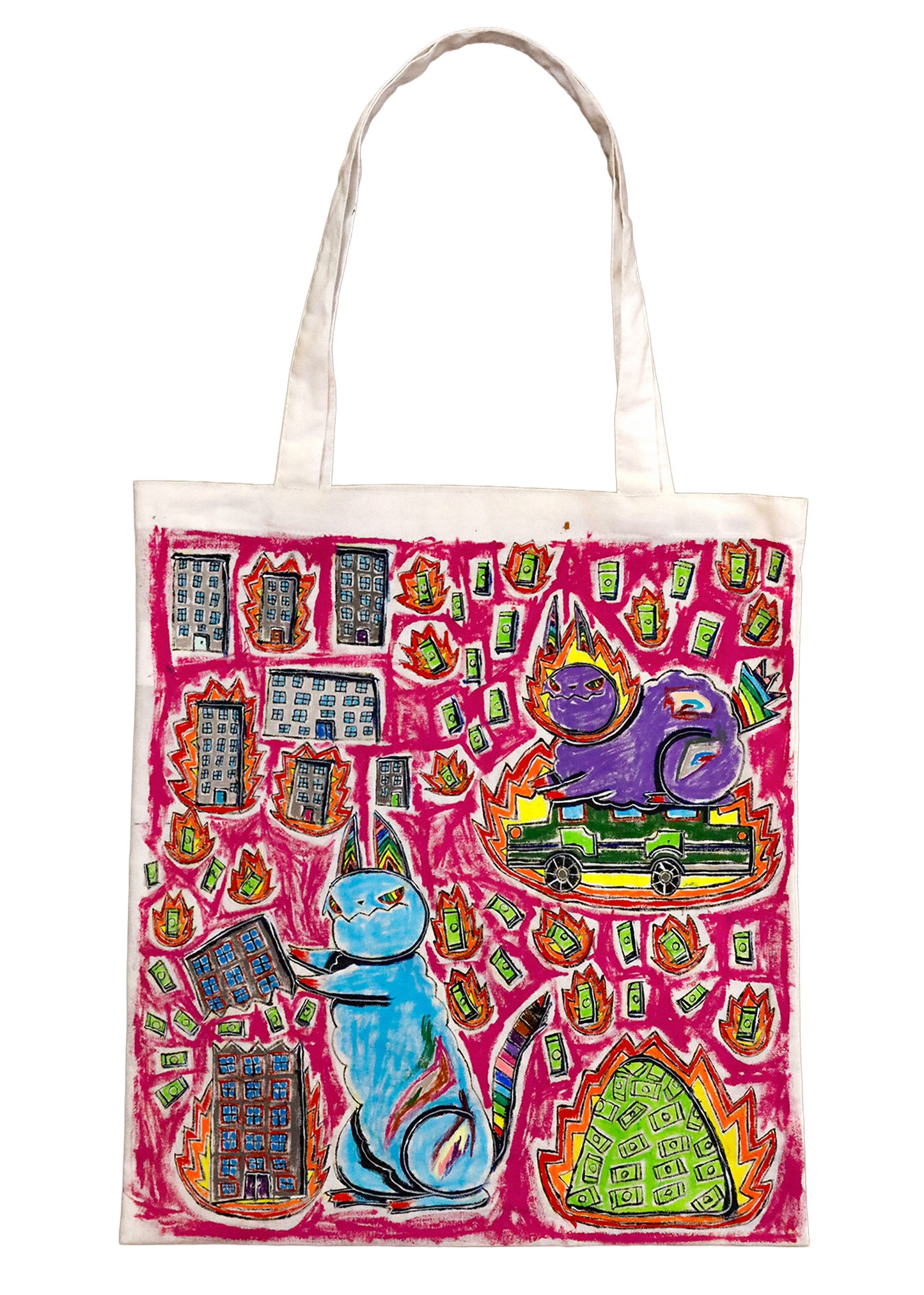 Hand painted Flaming Anti-Capitalist Cats tote bag #2