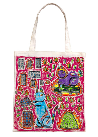 Hand painted Flaming Anti-Capitalist Cats tote bag #2