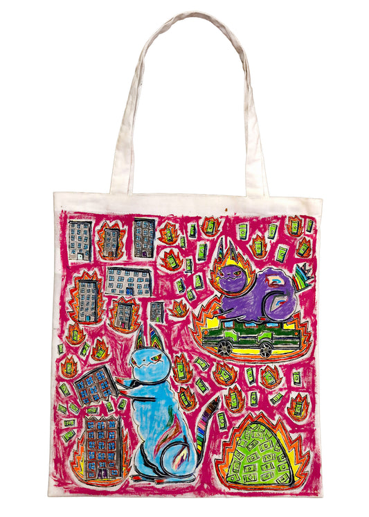 Hand painted Flaming Anti-Capitalist Cats tote bag #2