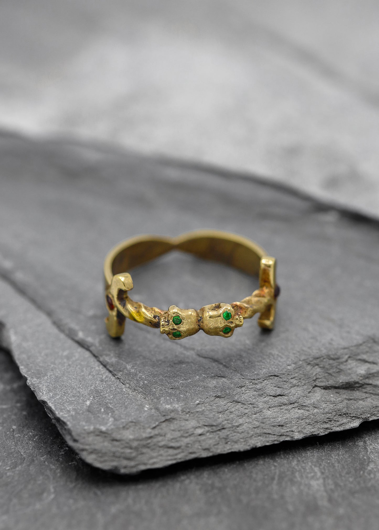 Double skull dagger ring- 14k gold plate