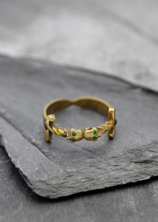 Double skull dagger ring- 14k gold plate