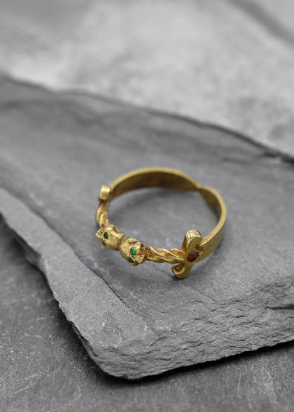 Double skull dagger ring- 14k gold plate