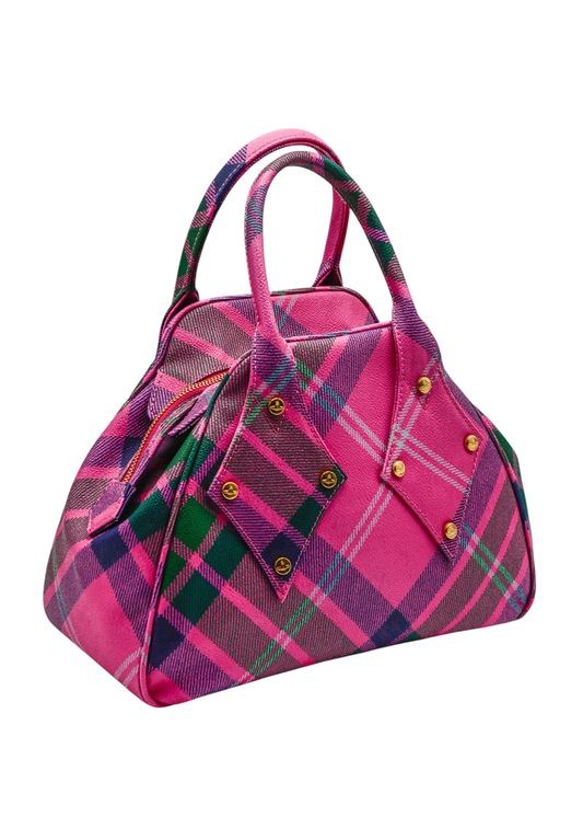 Yasmine pink tartan bowler bag