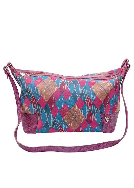 Pink/ blue jacquard argyle shoulder bag with leather strap