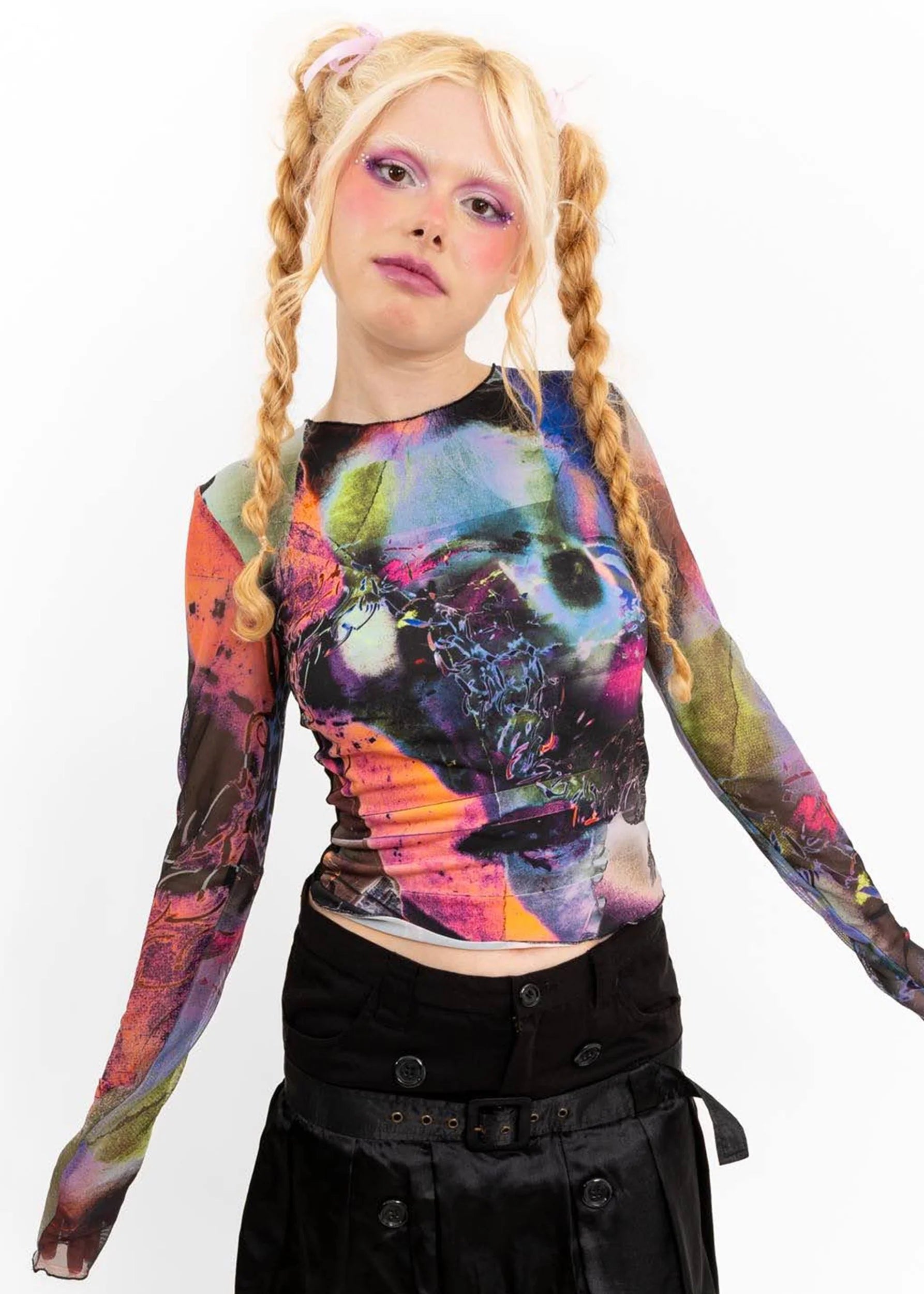 Shelley Milla Abstract print mesh top