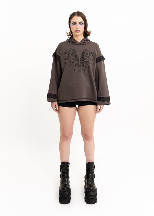 Awatea Anahera Long Sleeve Hooded T-Shirt- lace trim Bizarre Bazaar