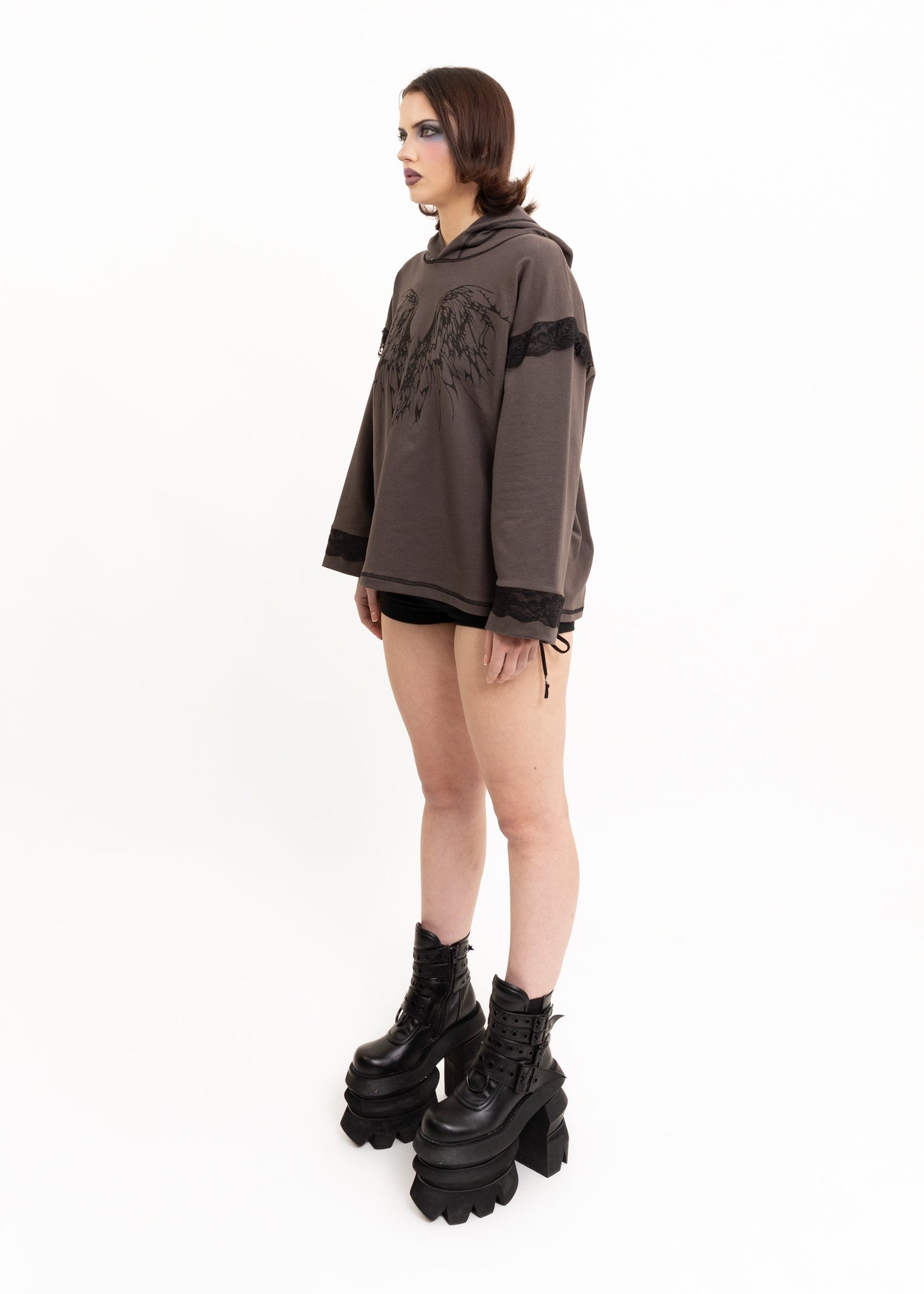 Awatea Anahera Long Sleeve Hooded T-Shirt- lace trim Bizarre Bazaar
