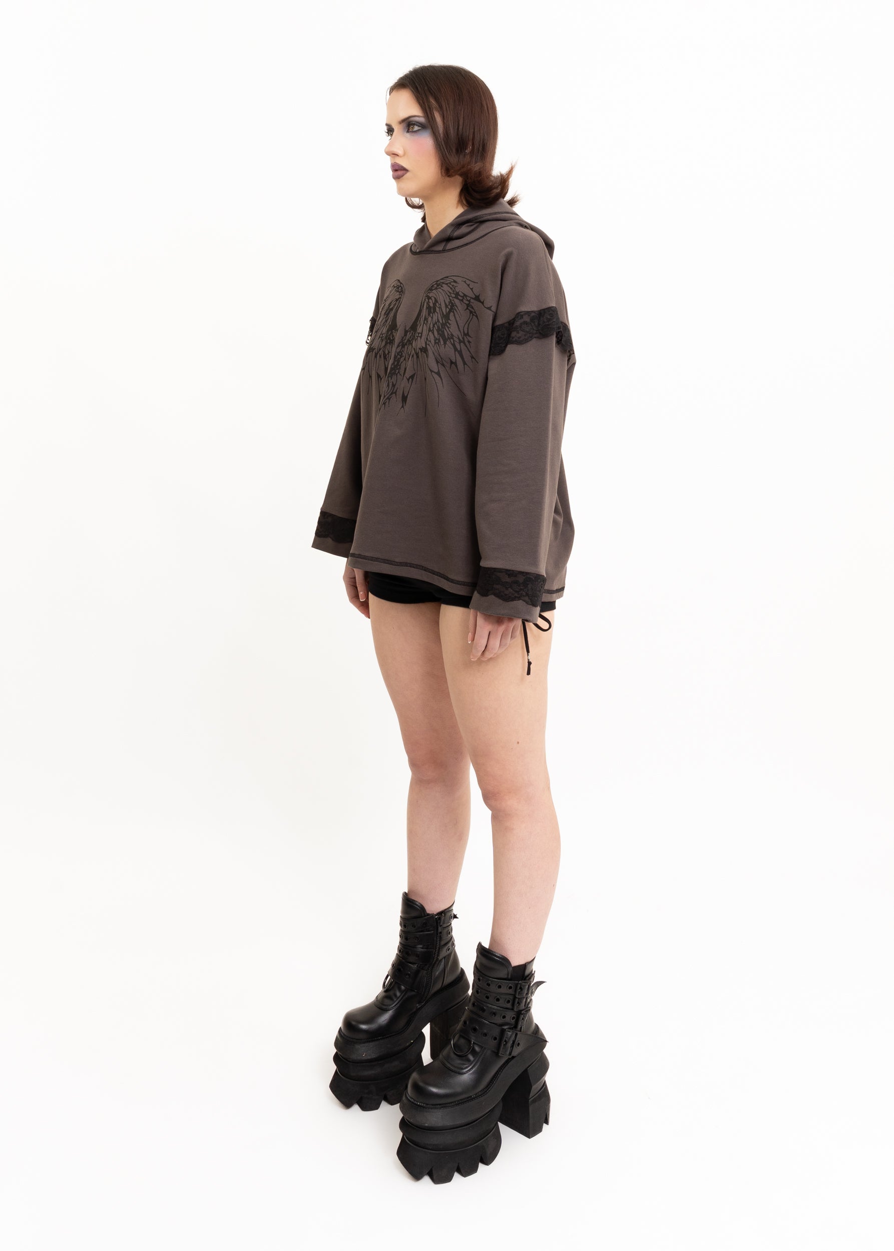 Awatea Anahera Long Sleeve Hooded T-Shirt- lace trim Bizarre Bazaar