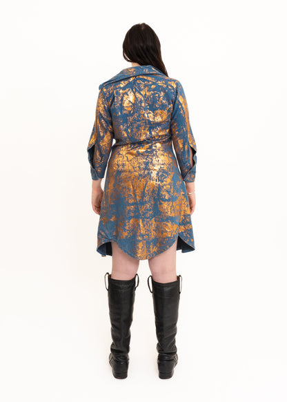 Asymmetric shirt dress with metallic foil accents