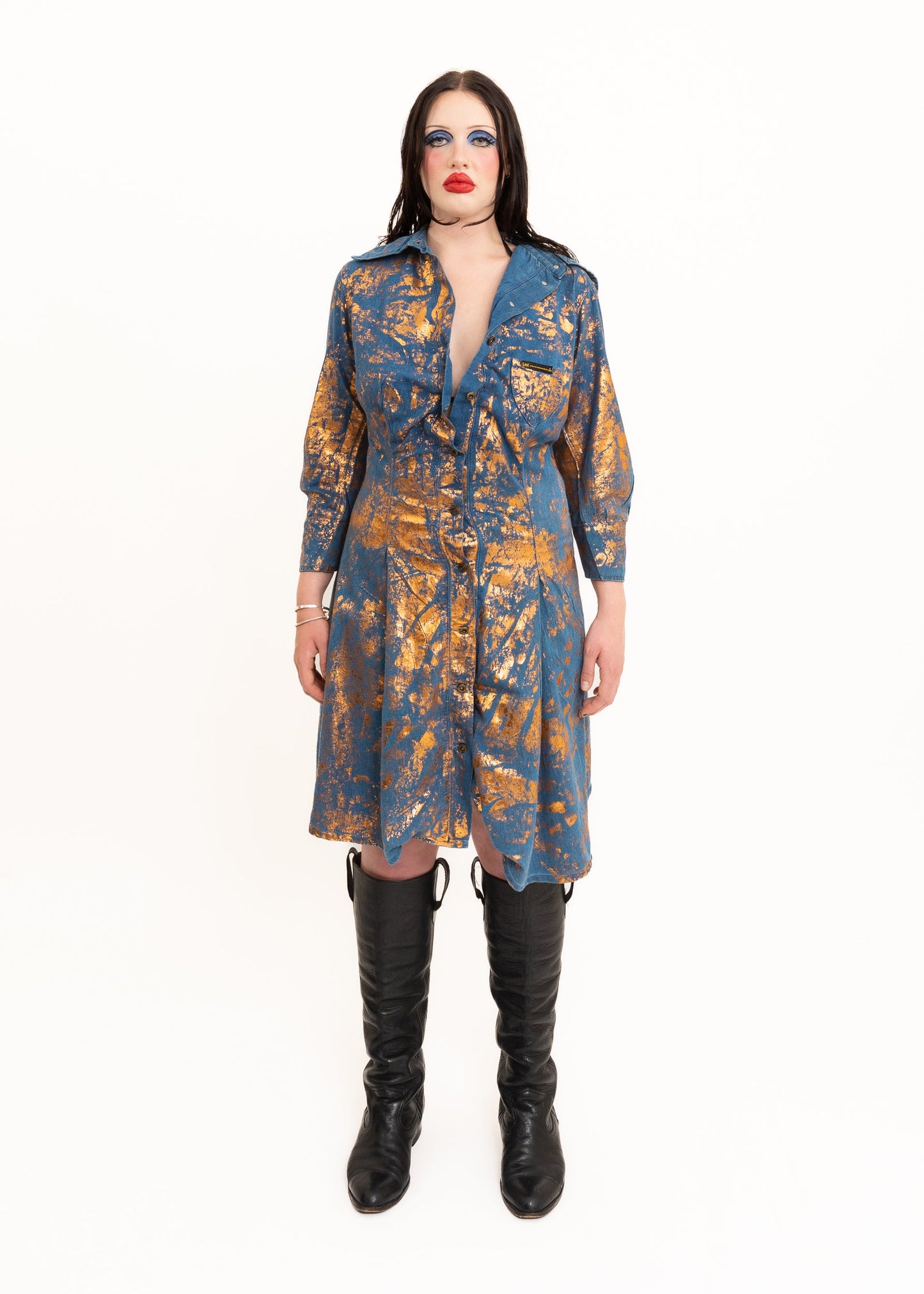 Asymmetric shirt dress with metallic foil accents