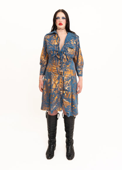 Asymmetric shirt dress with metallic foil accents