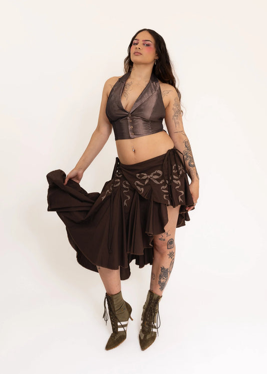 Banshee Asymmetric wrap skirt with hand-painted bow stencils