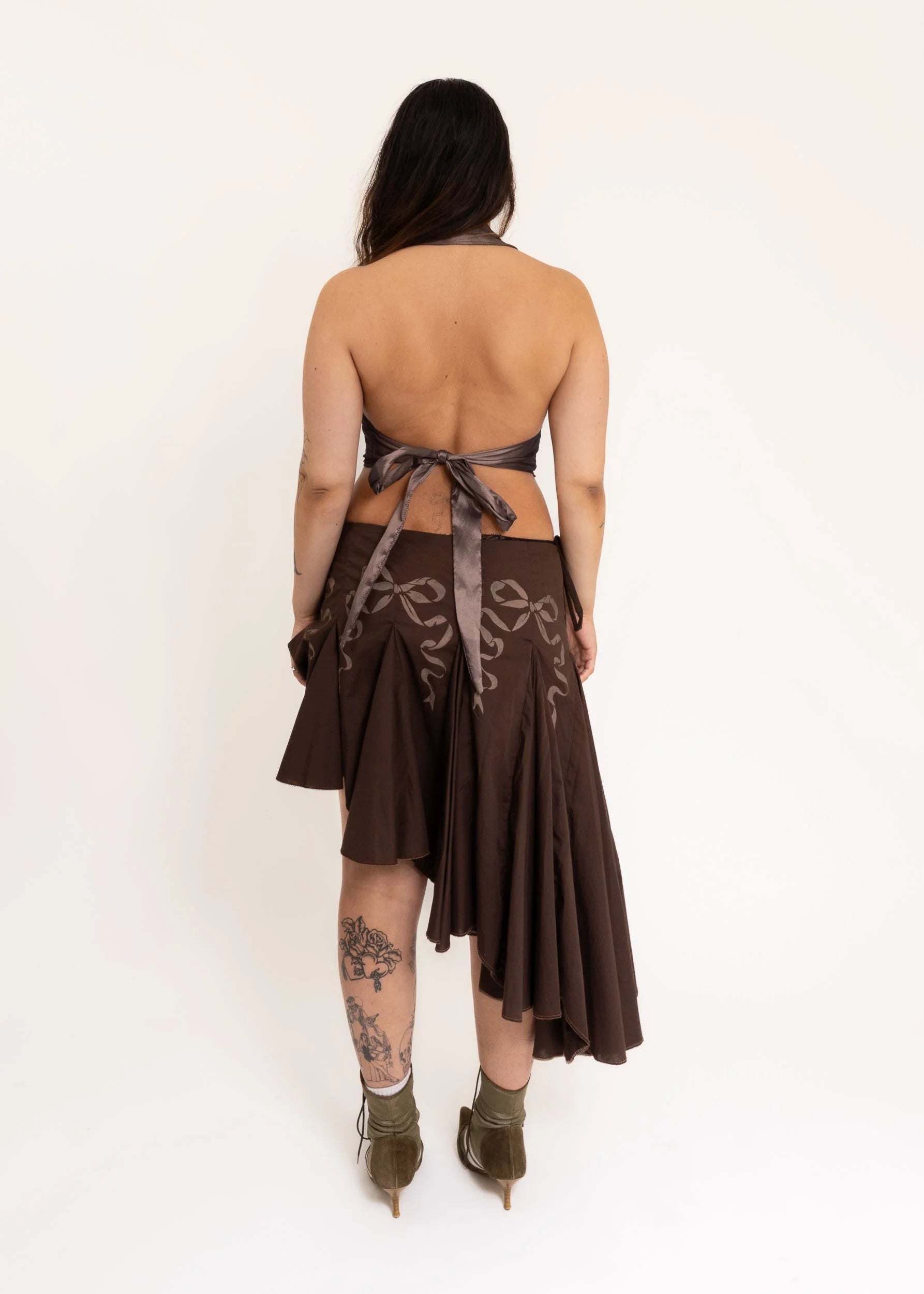 Banshee Asymmetric wrap skirt with hand-painted bow stencils