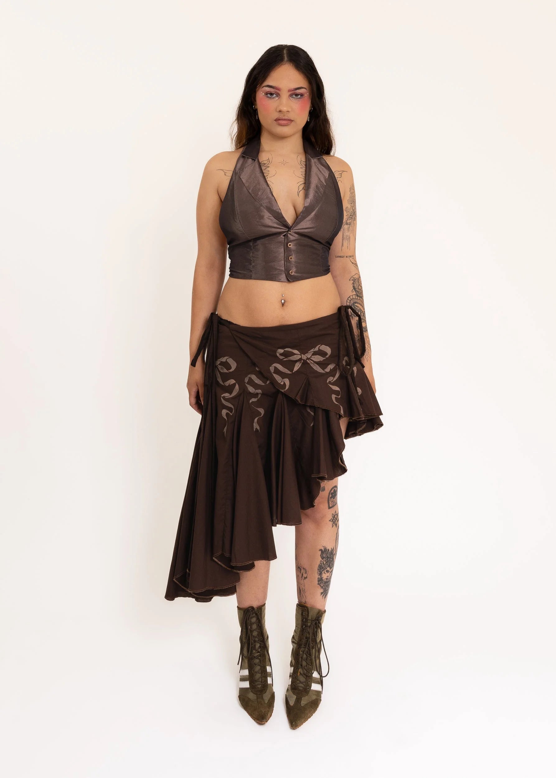 Banshee Asymmetric wrap skirt with hand-painted bow stencils