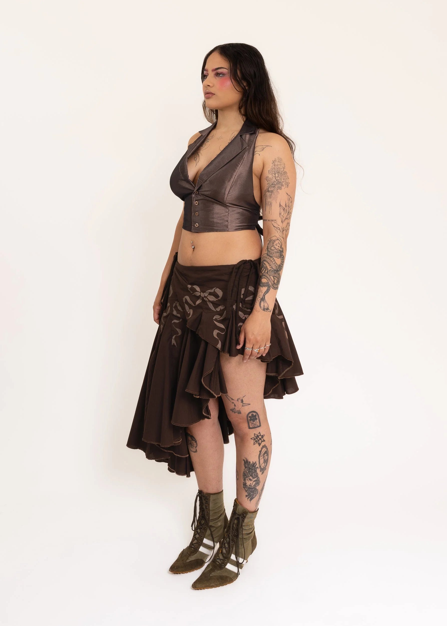 Banshee Asymmetric wrap skirt with hand-painted bow stencils