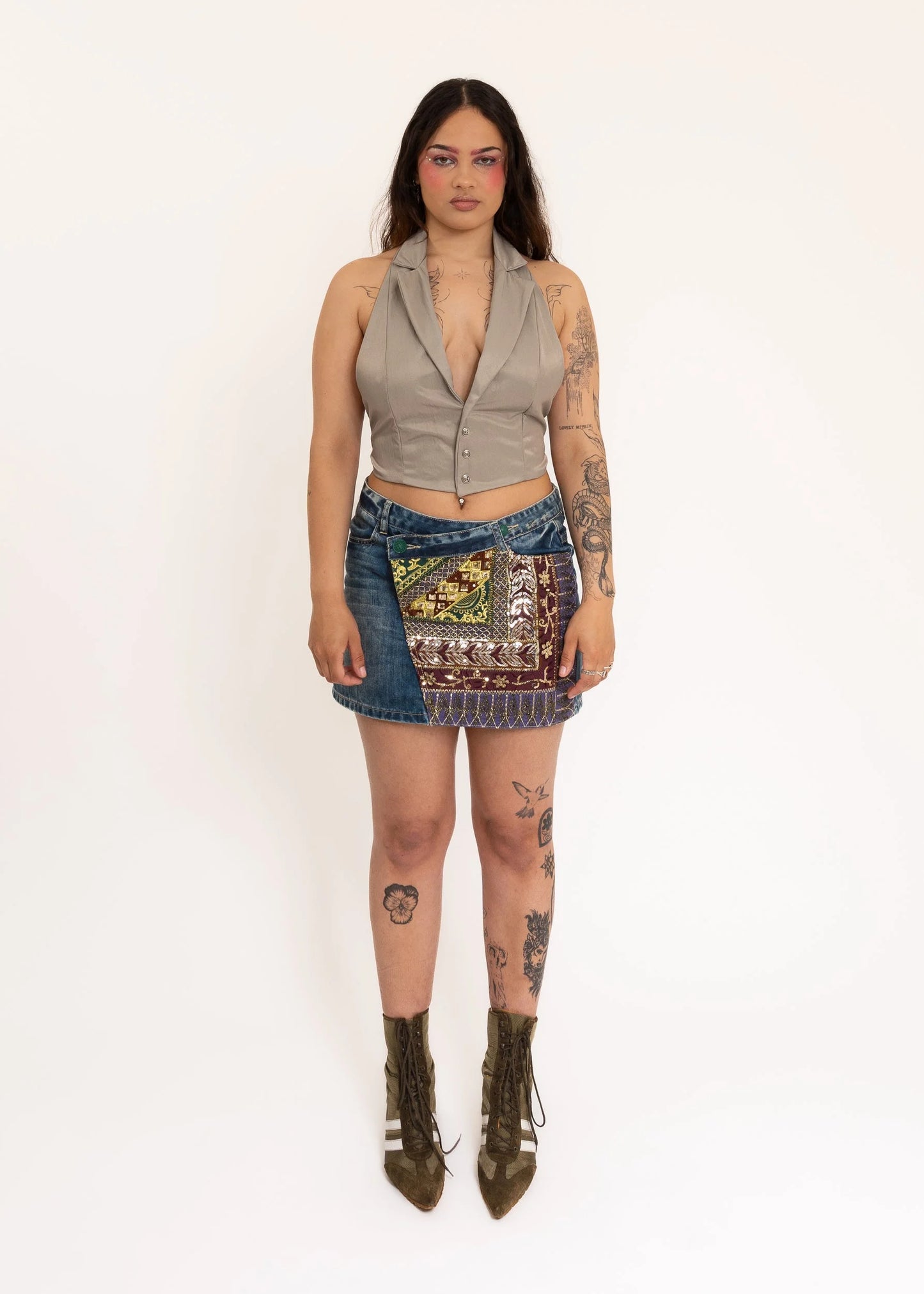 Desigual Beaded Denim Mini Skirt