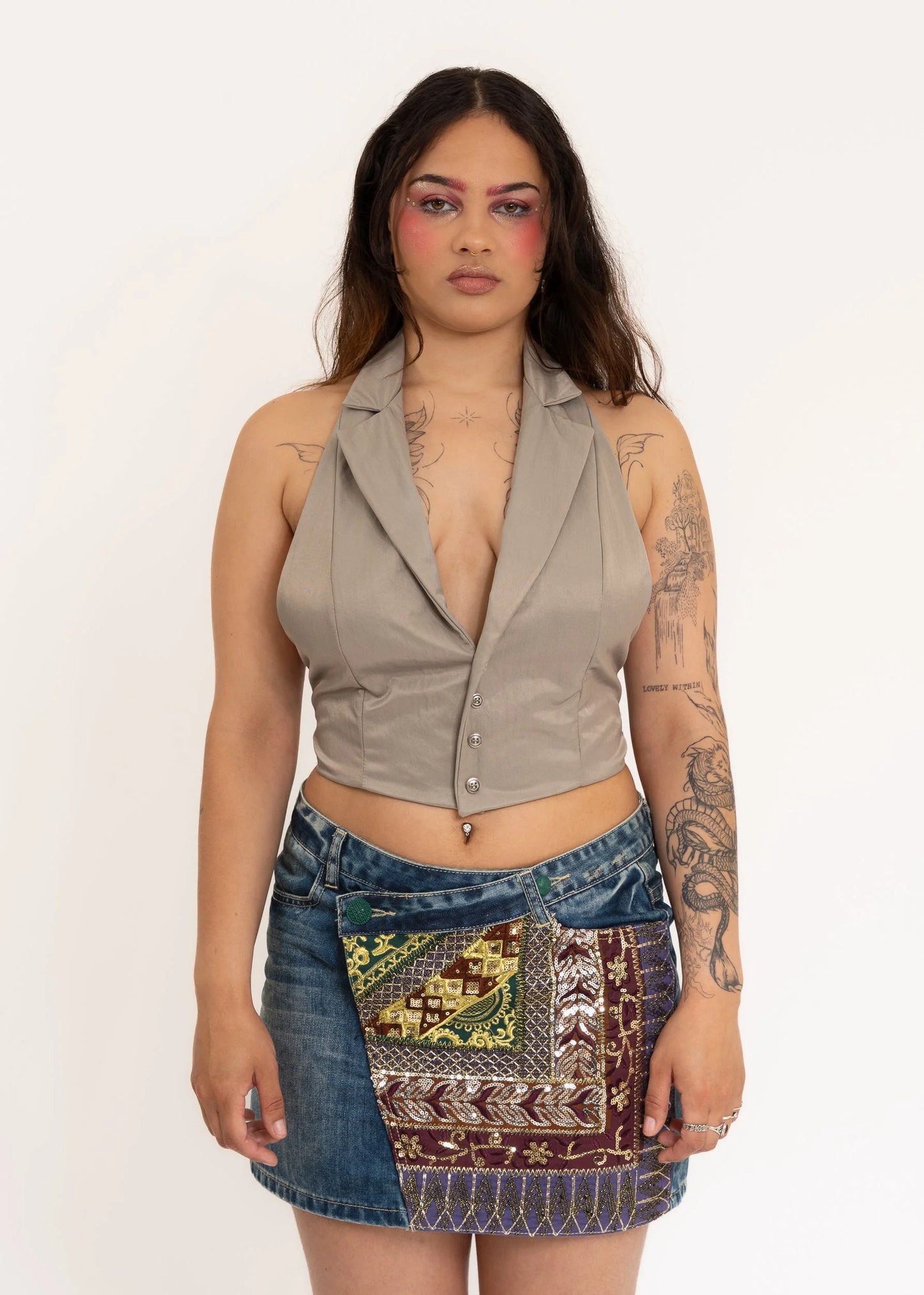 Desigual Beaded Denim Mini Skirt