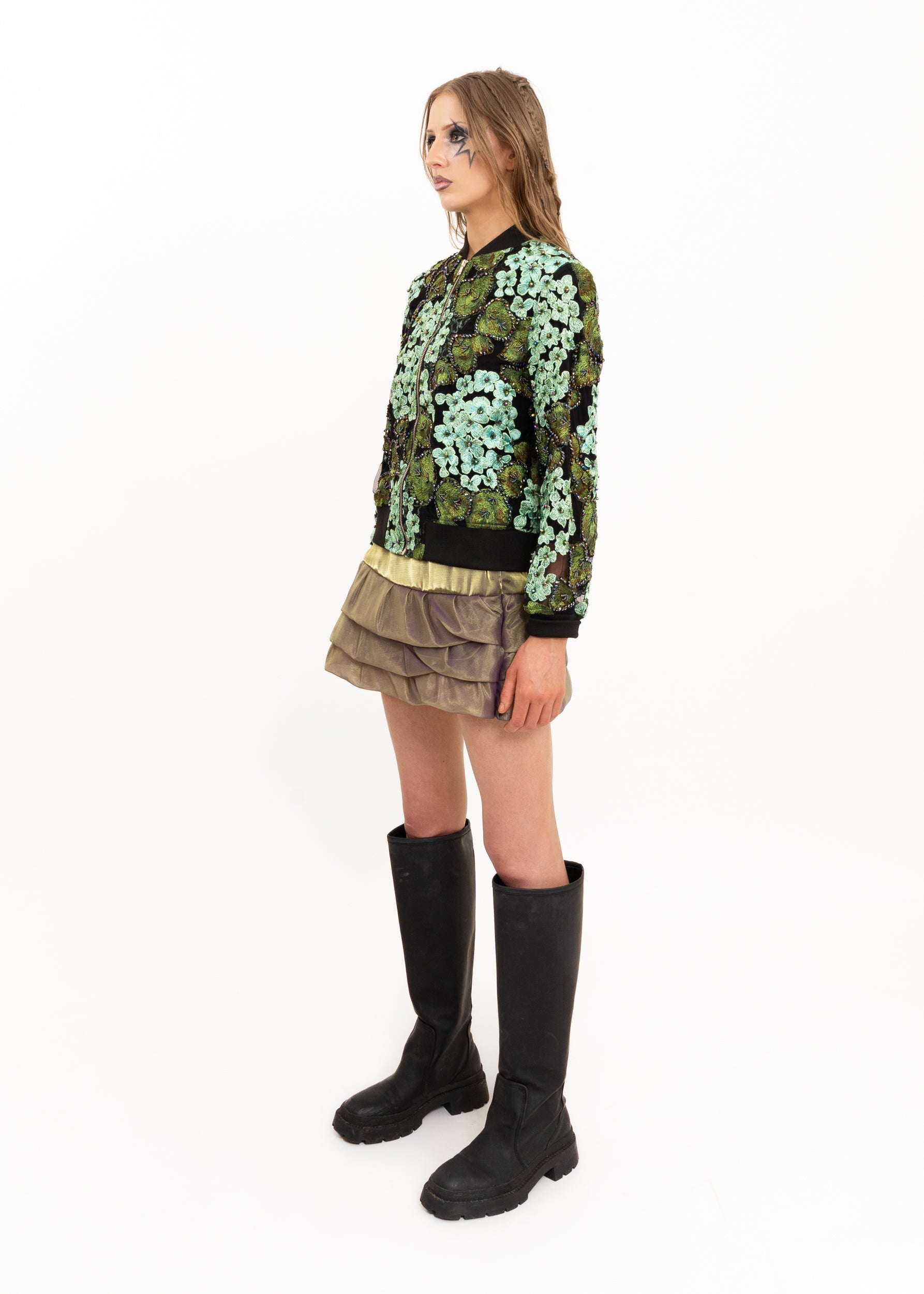 Beaded embroidered floral mesh bomber jacket Bizarre Bazaar