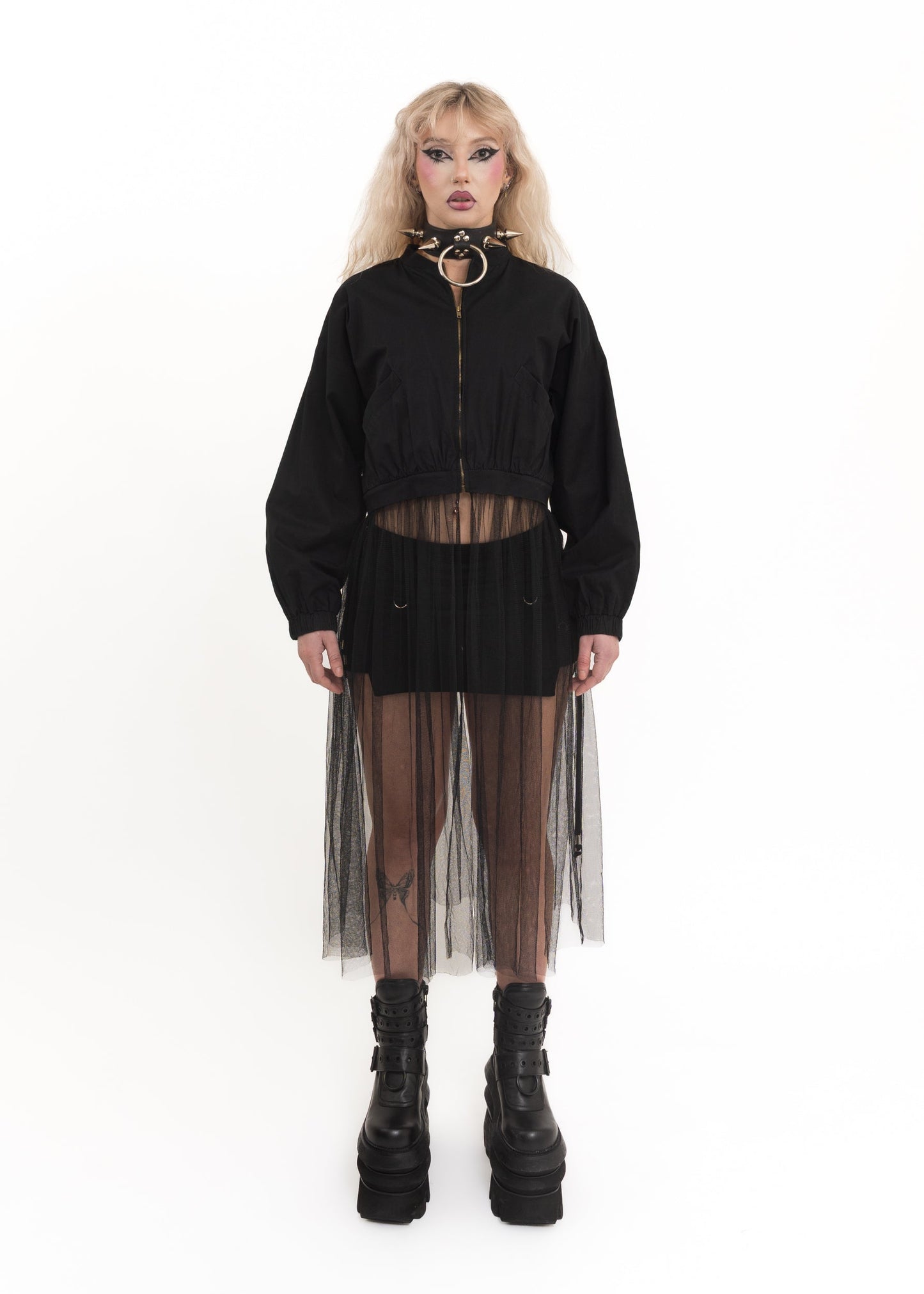 Bomber jacket with detachable mesh trim