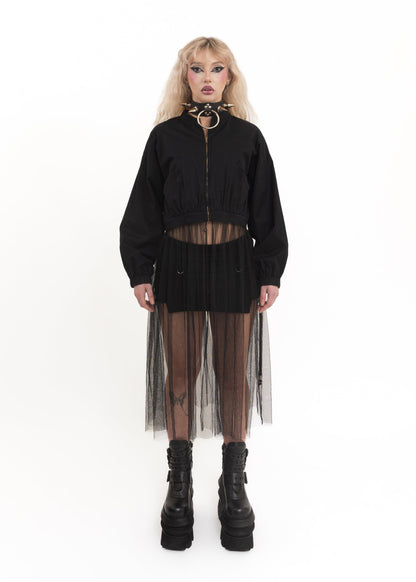 Bomber jacket with detachable mesh trim