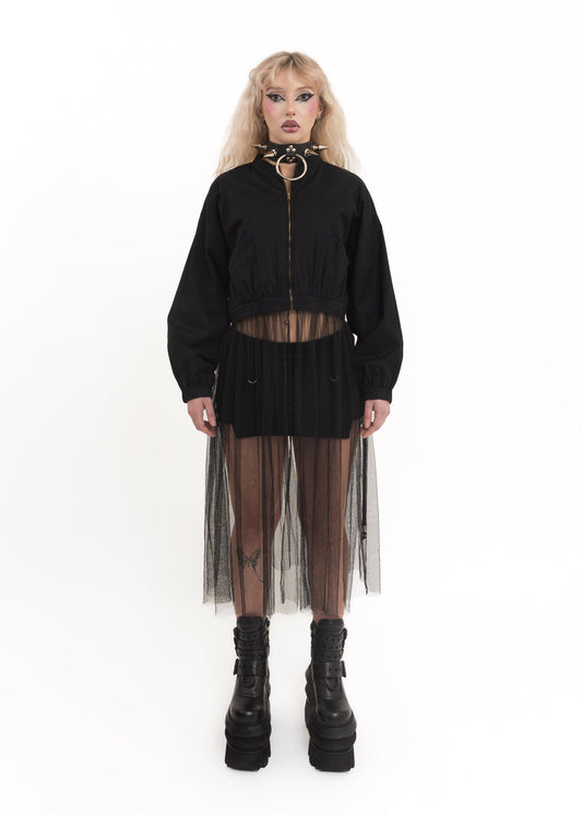 Bomber jacket with detachable mesh trim