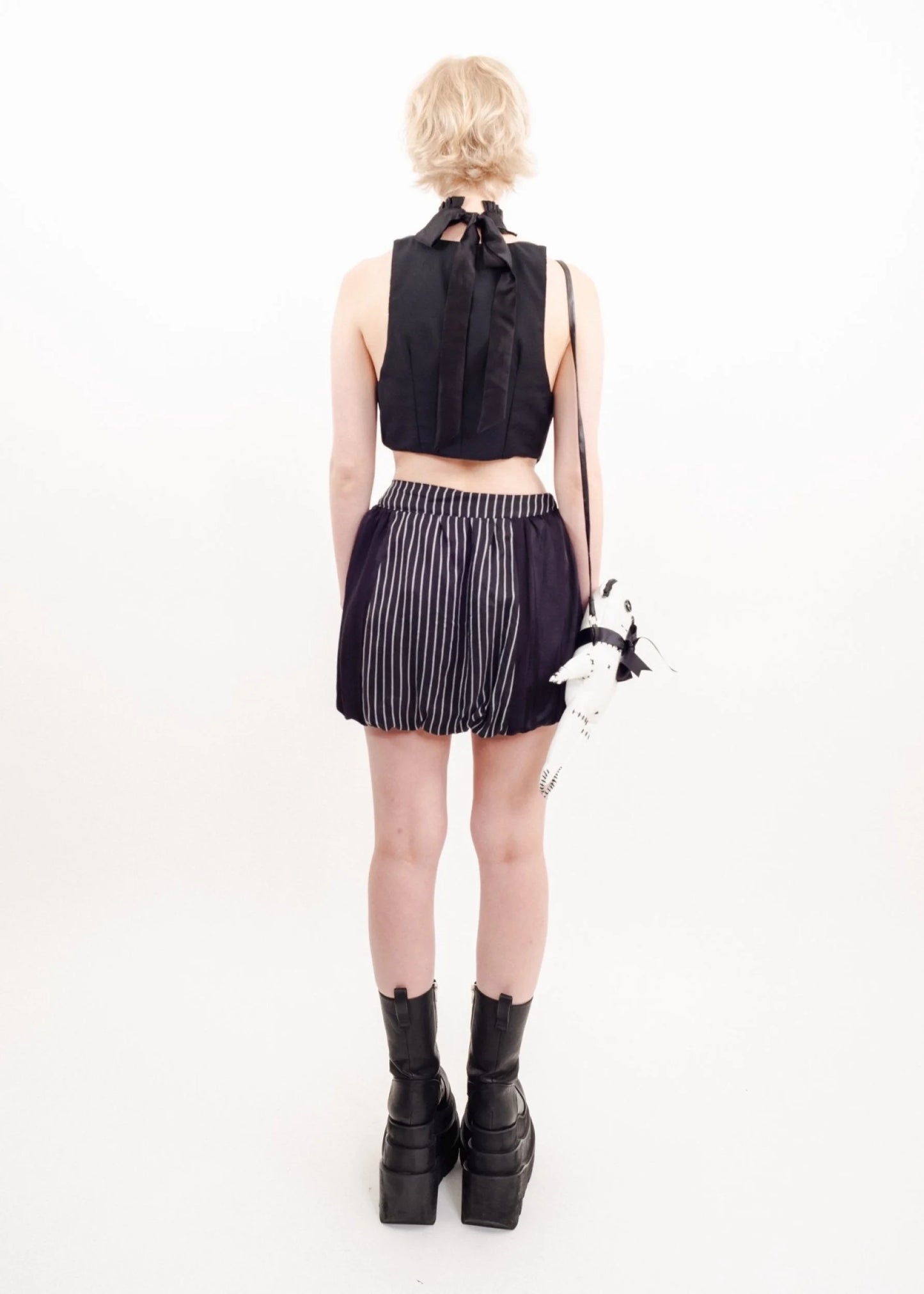 Sour Doll Bubble Skirt- black/ pinstripe panelled