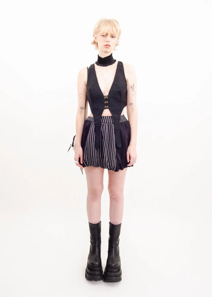 Sour Doll Bubble Skirt- black/ pinstripe panelled