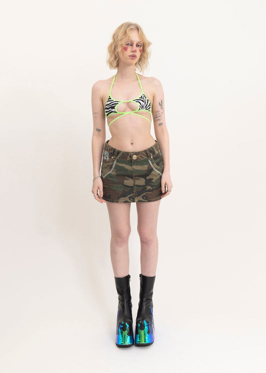 Red Pepper Camo mini skirt with floral embroidery