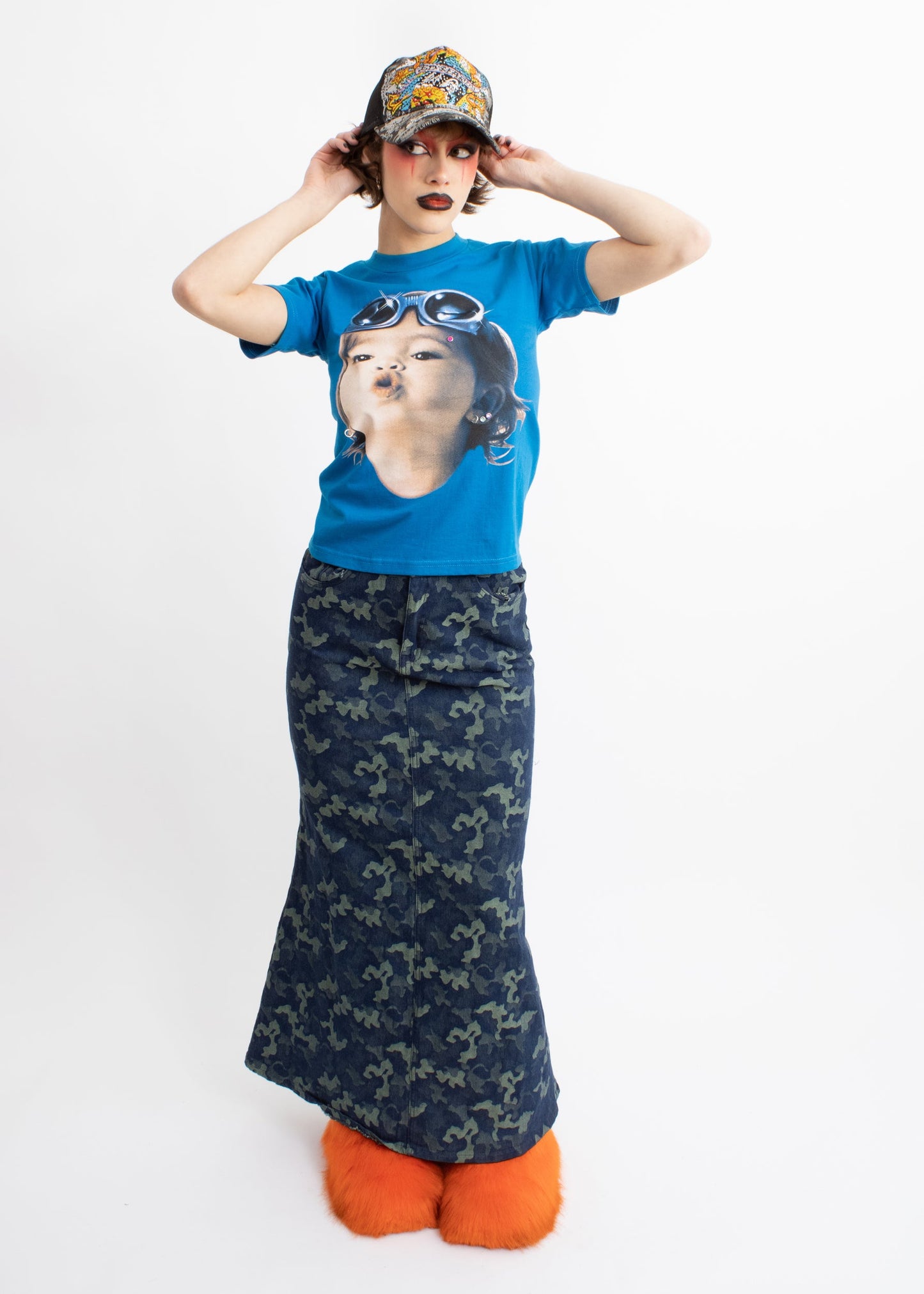 Bizarre Bazaar Camo print stretch denim maxi skirt