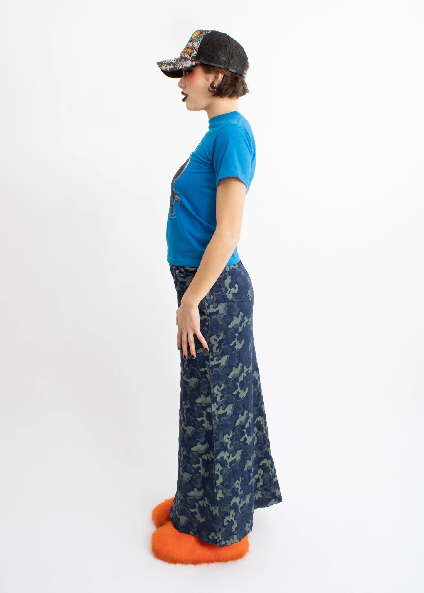 Bizarre Bazaar Camo print stretch denim maxi skirt