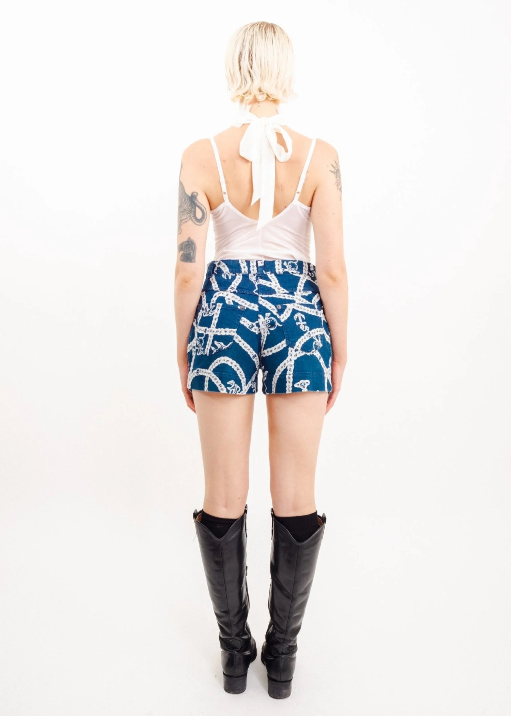 Chain print denim shorts