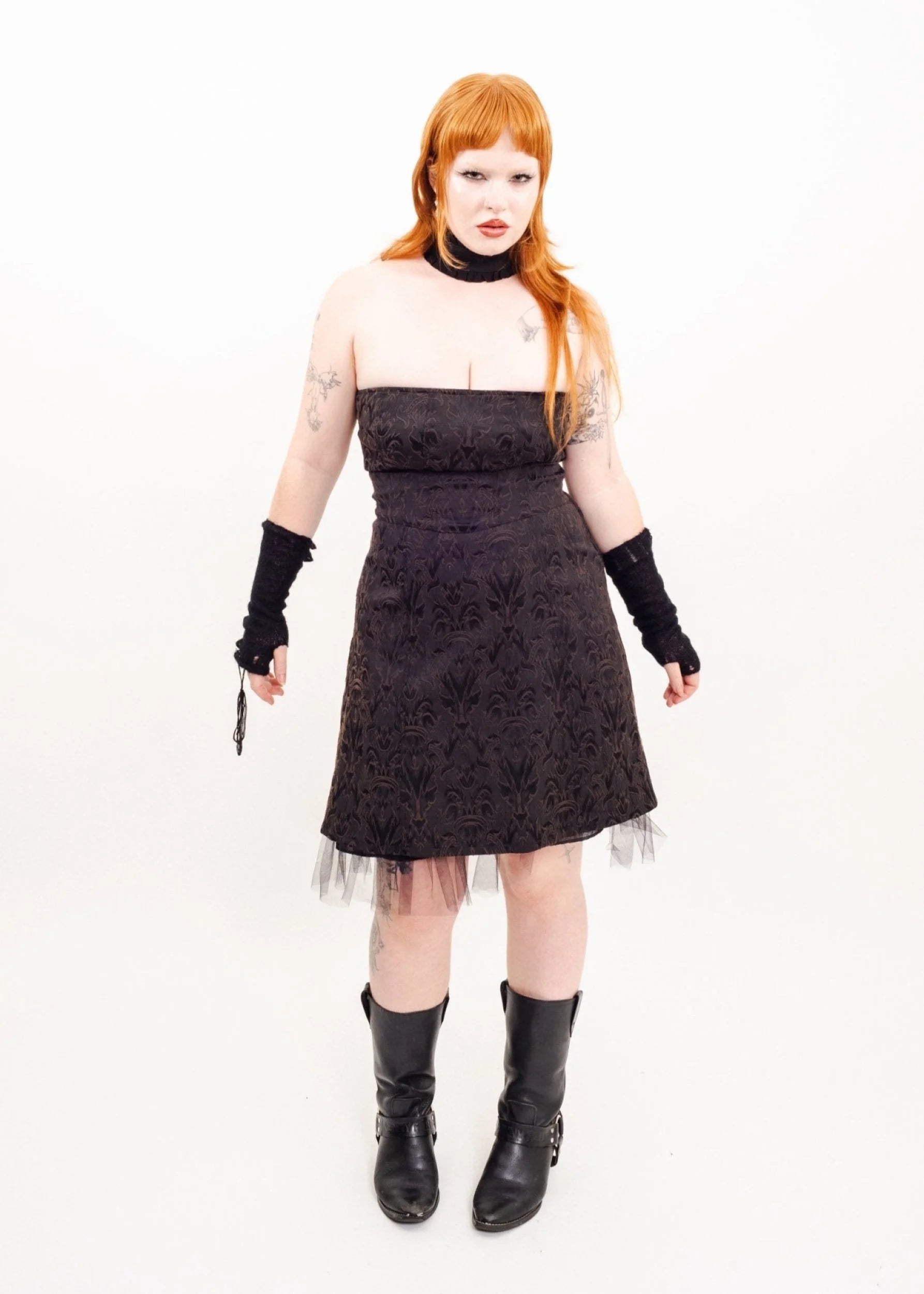 Tripp NYC Flocked goth prom dress with corset detailing