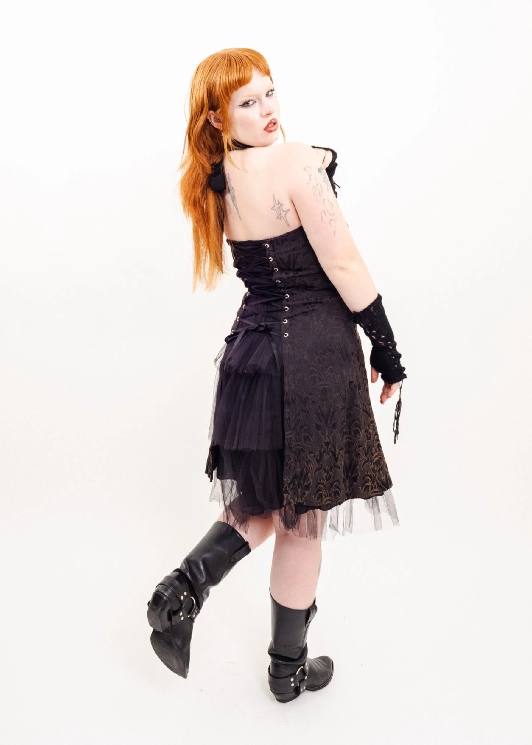 Tripp NYC Flocked goth prom dress with corset detailing