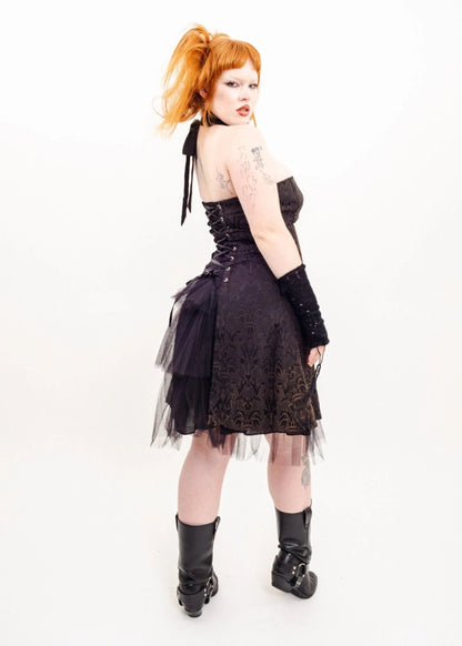 Tripp NYC Flocked goth prom dress with corset detailing