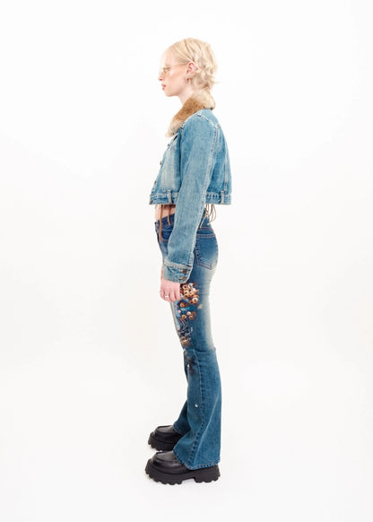 Yumetenbo Cropped denim jacket with fur collar