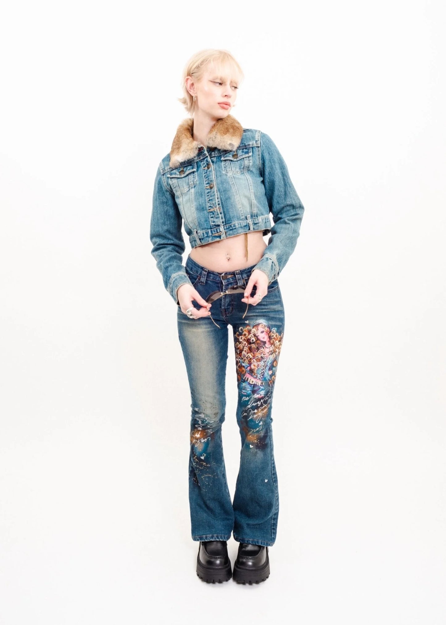 Yumetenbo Cropped denim jacket with fur collar