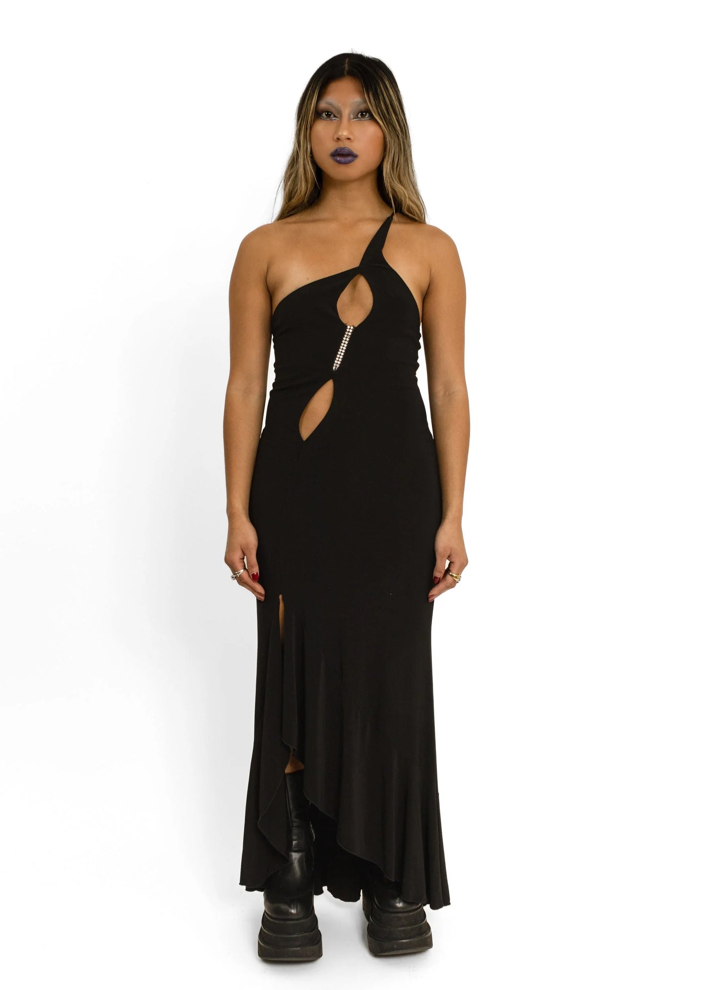 Juno Cut out asymmetric gown with rhinestone detail