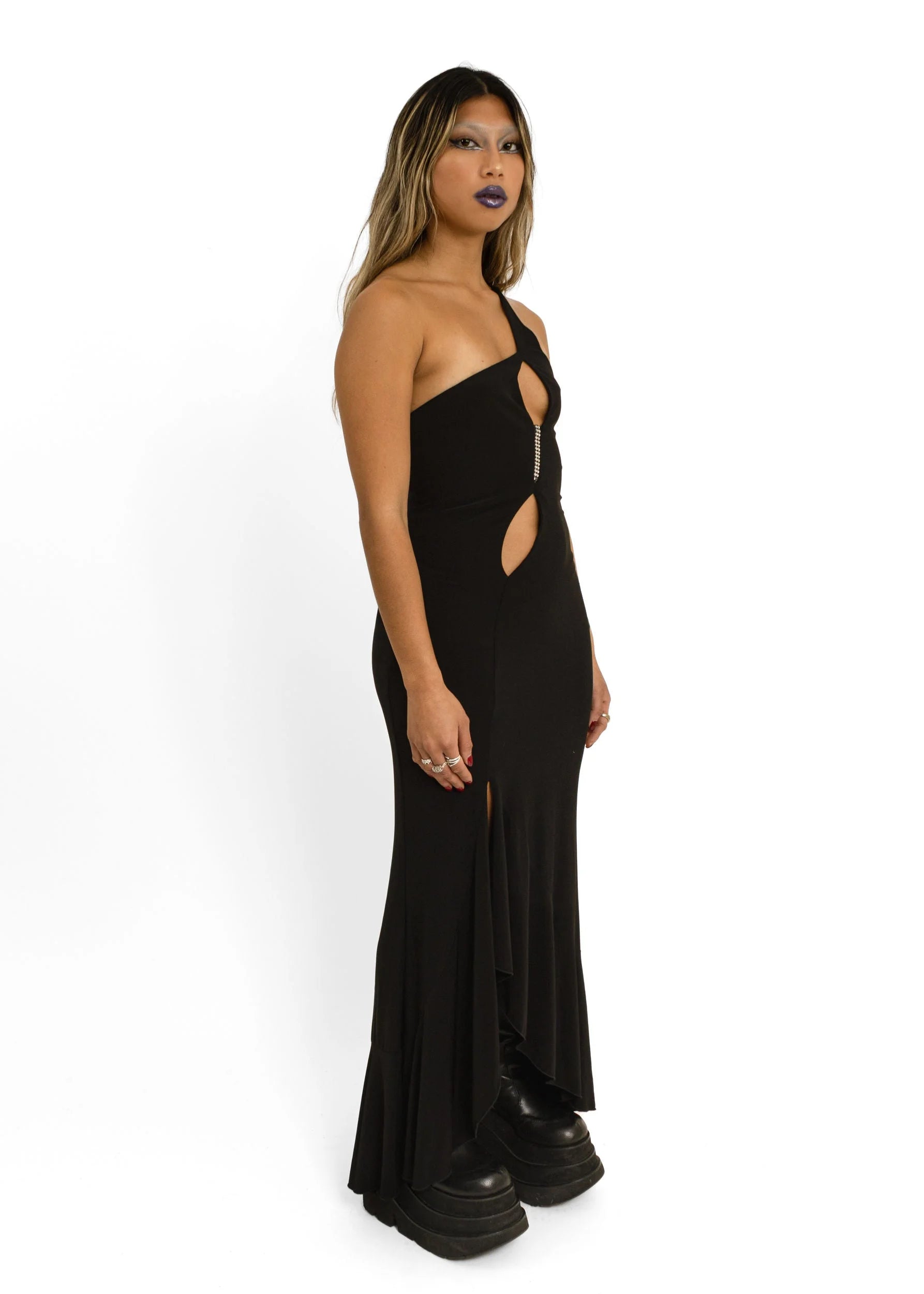 Juno Cut out asymmetric gown with rhinestone detail