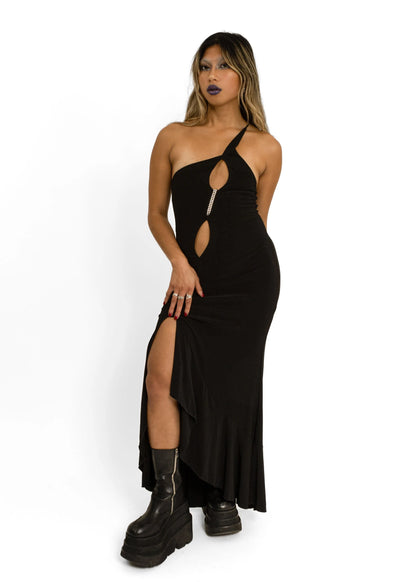 Juno Cut out asymmetric gown with rhinestone detail