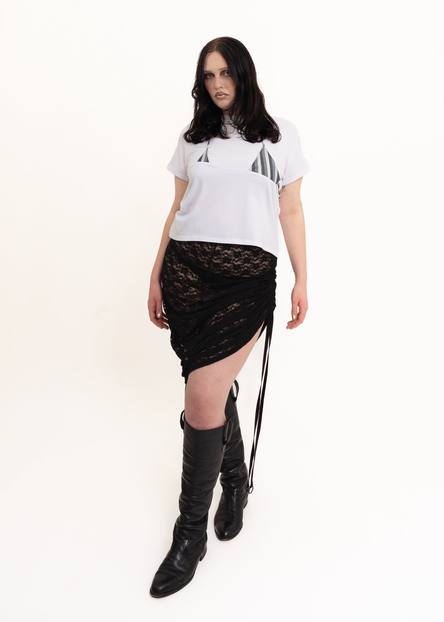 Rhoda Nunn Off Cut Tee- White w/ grey stripe Bizarre Bazaar