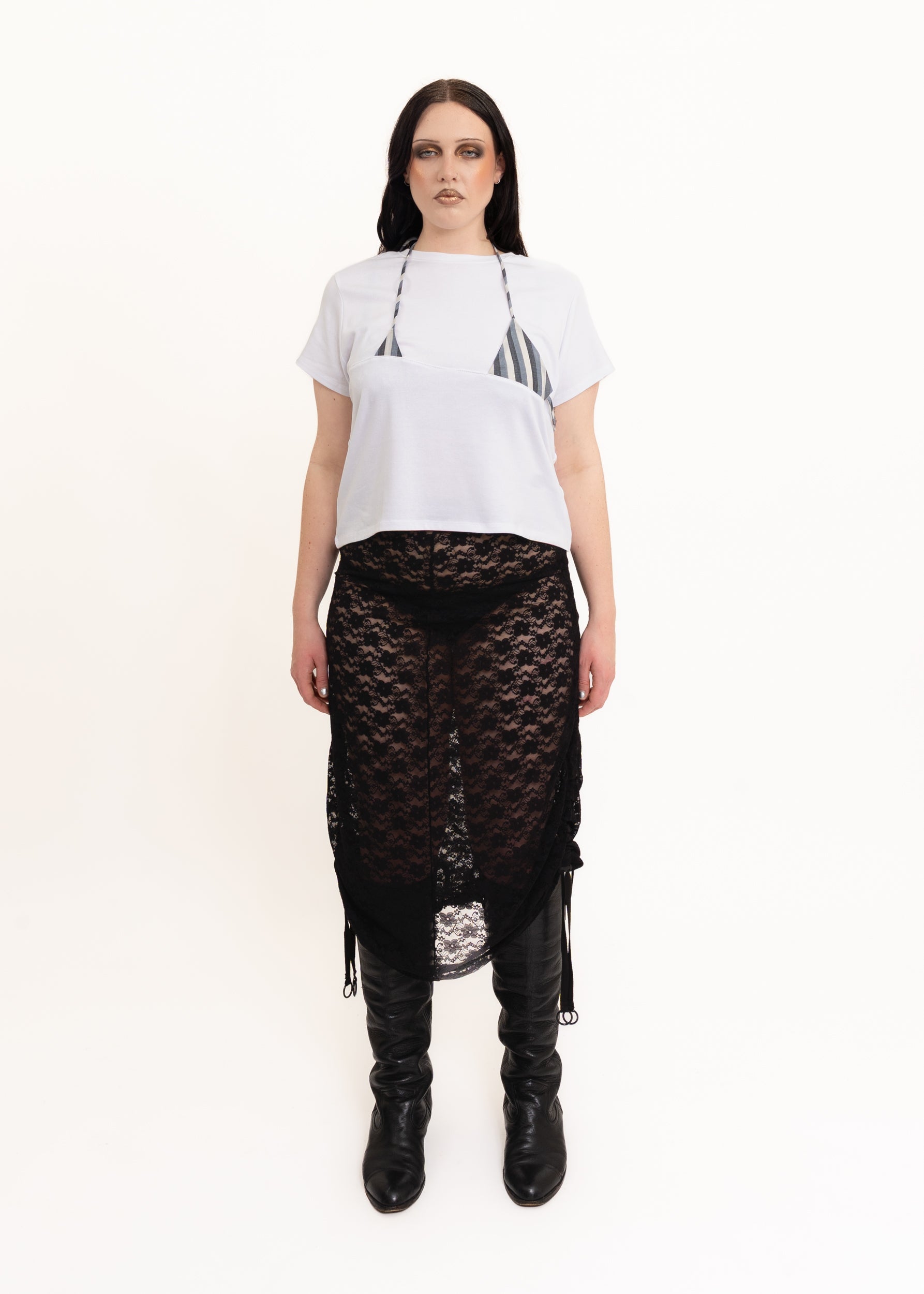 Rhoda Nunn Off Cut Tee- White w/ grey stripe Bizarre Bazaar