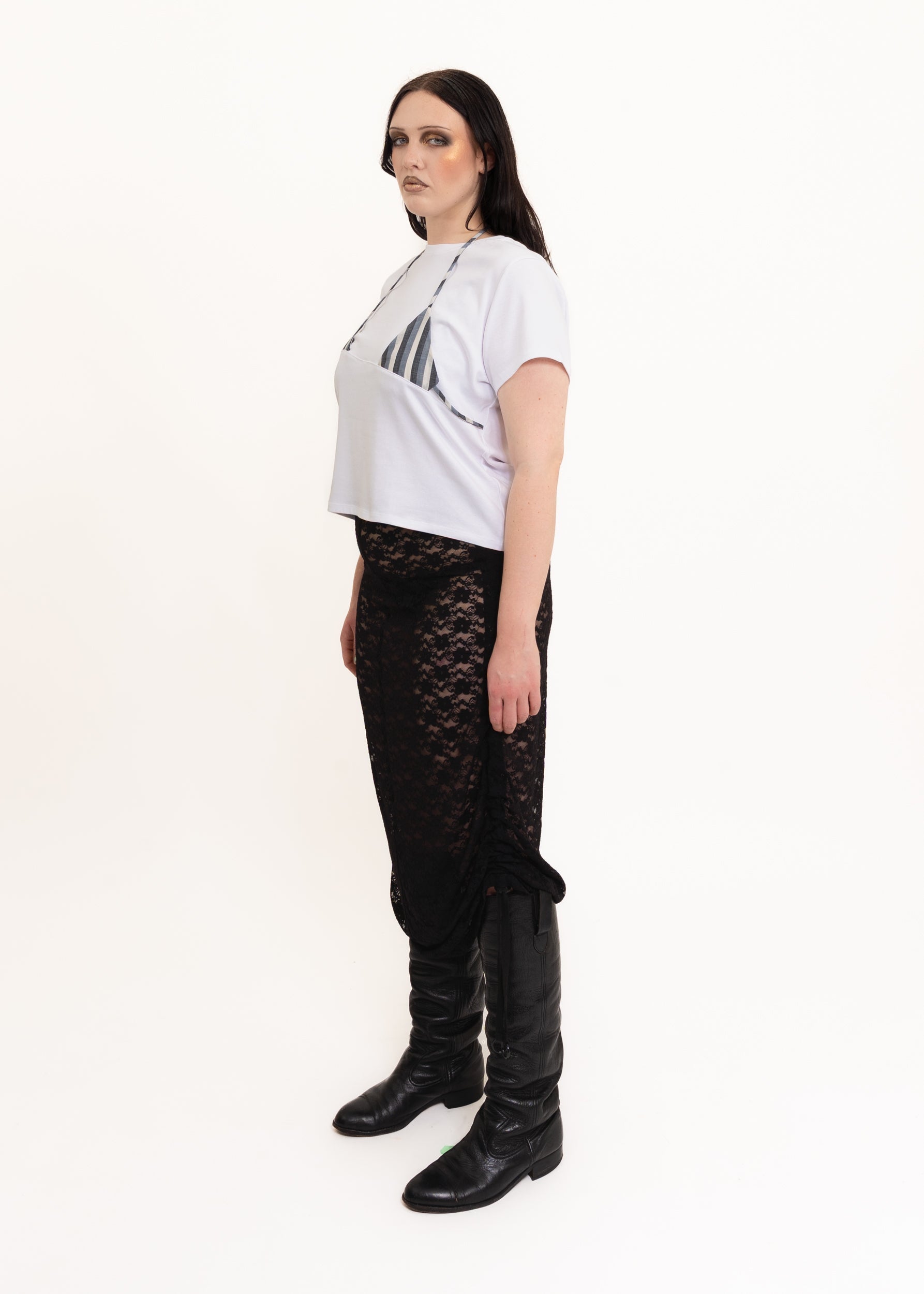 Rhoda Nunn Off Cut Tee- White w/ grey stripe Bizarre Bazaar